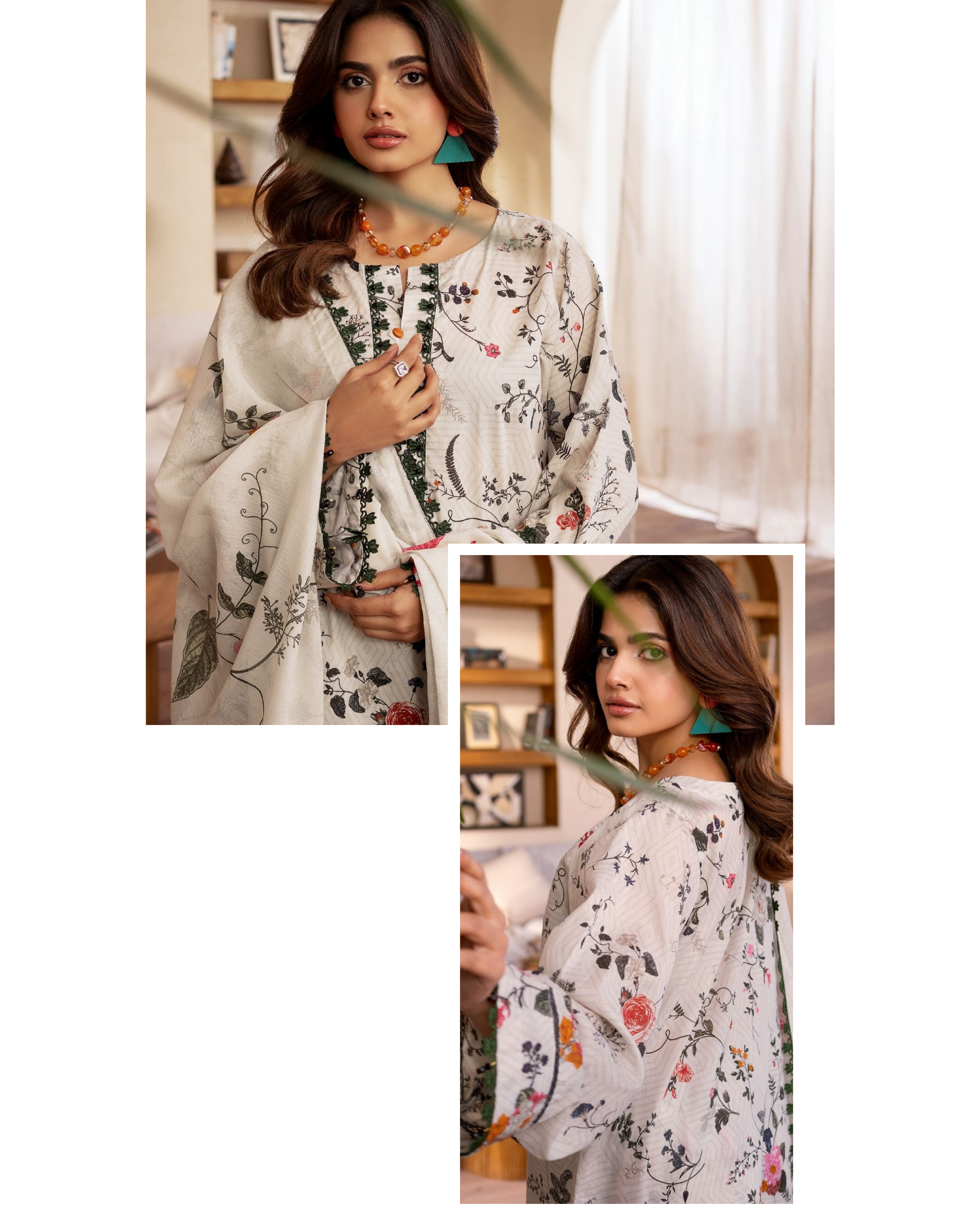 Woman wearing a floral outfit with a white background
