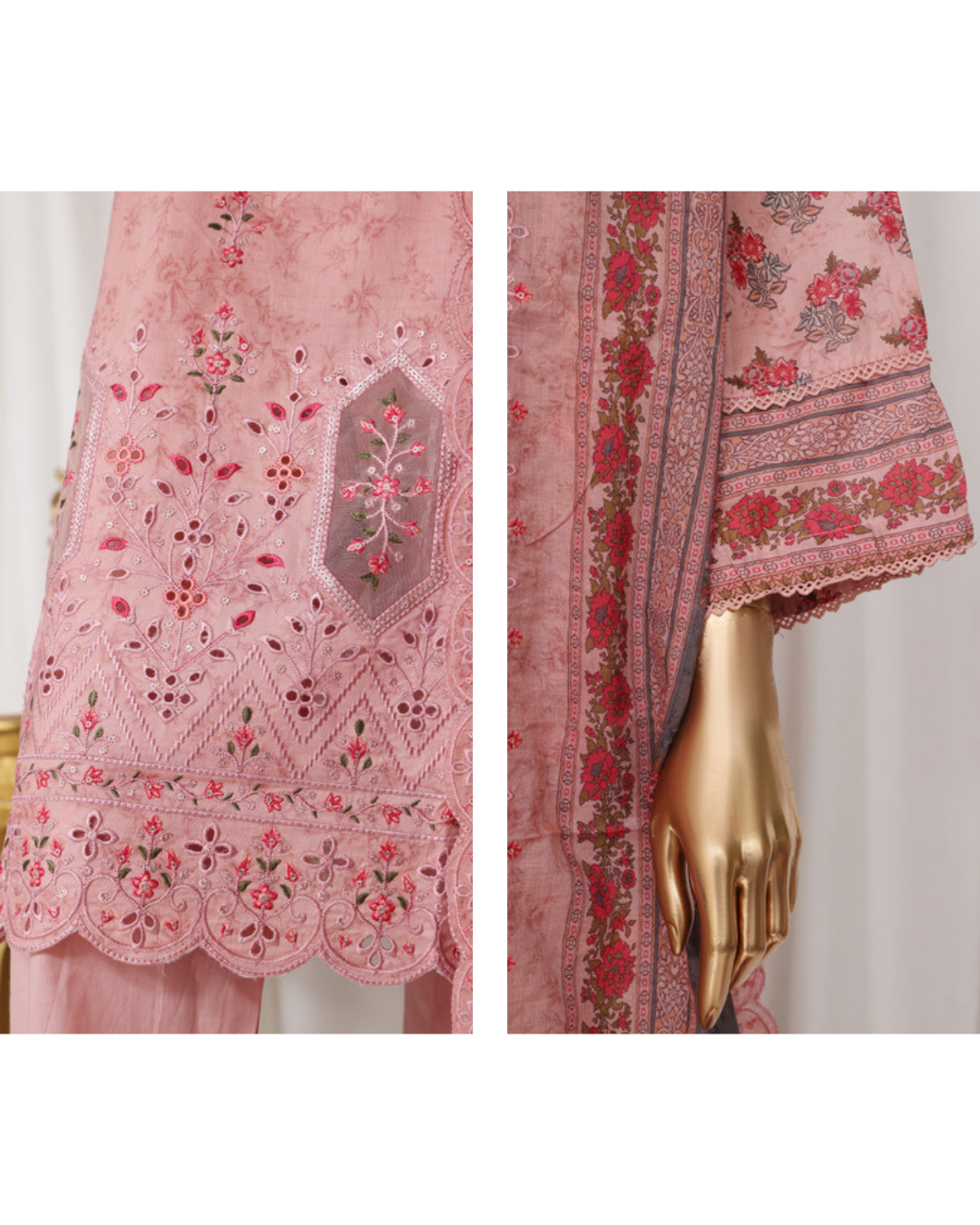 Pink embroidered fabric with floral patterns on a white background