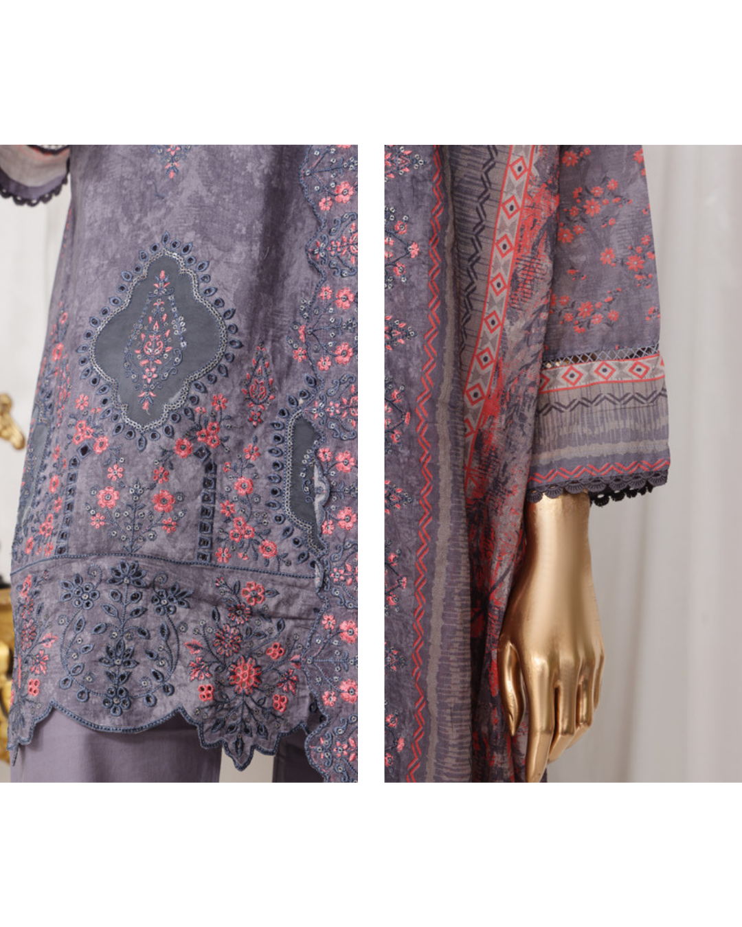 Embroidered garment with intricate patterns on a mannequin against a neutral background