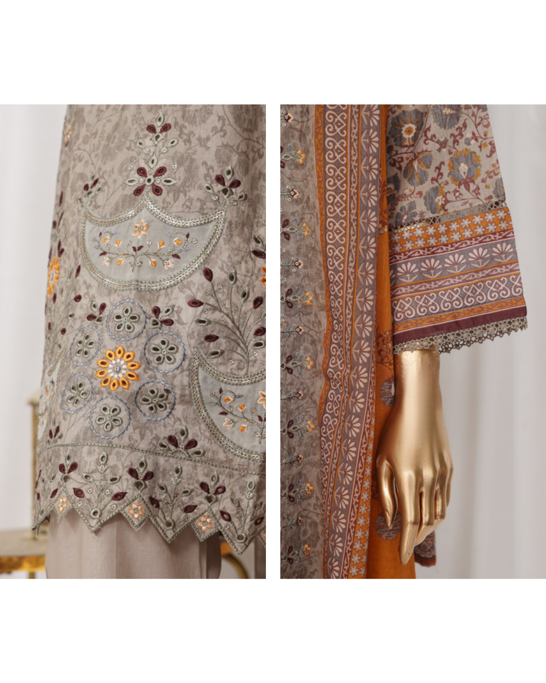 Embroidered fabric with intricate patterns on a mannequin and fabric swatch.