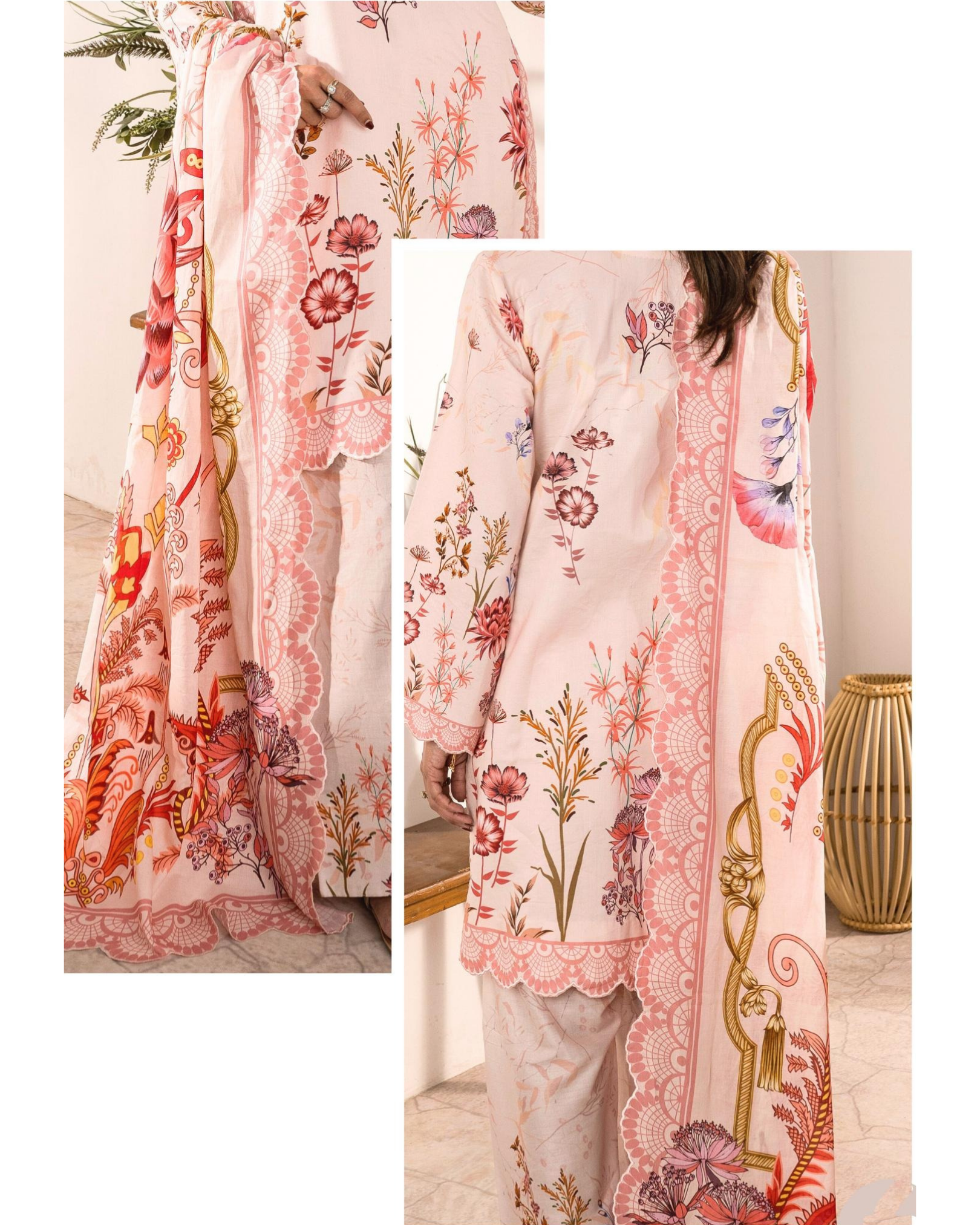 Floral embroidered outfit with a matching shawl on a neutral background