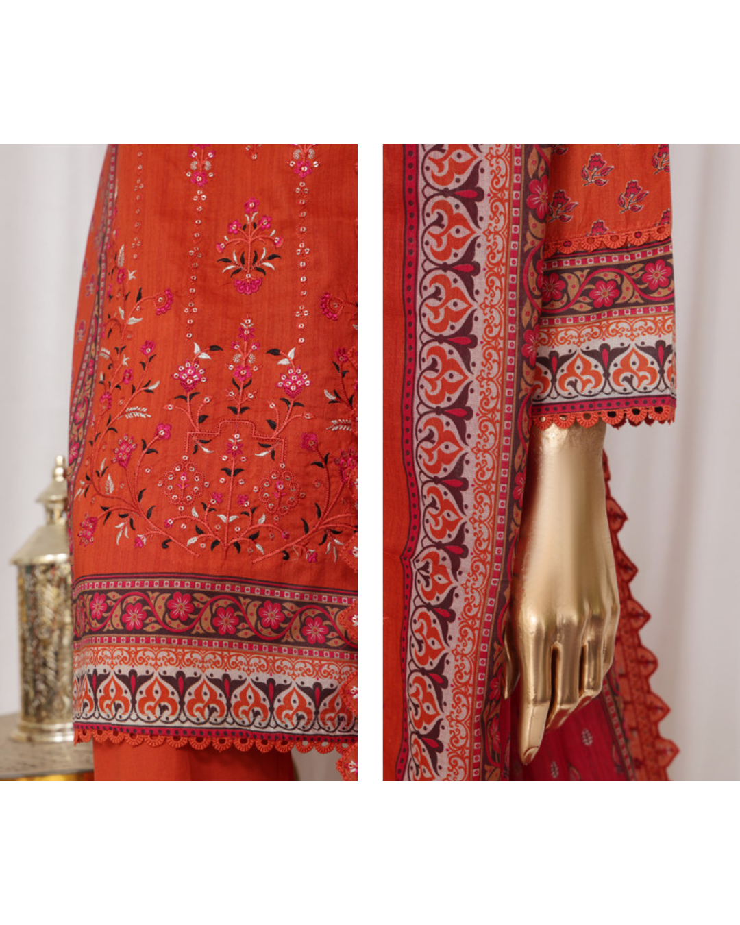 Red fabric with intricate patterns and a gold hand on a white background