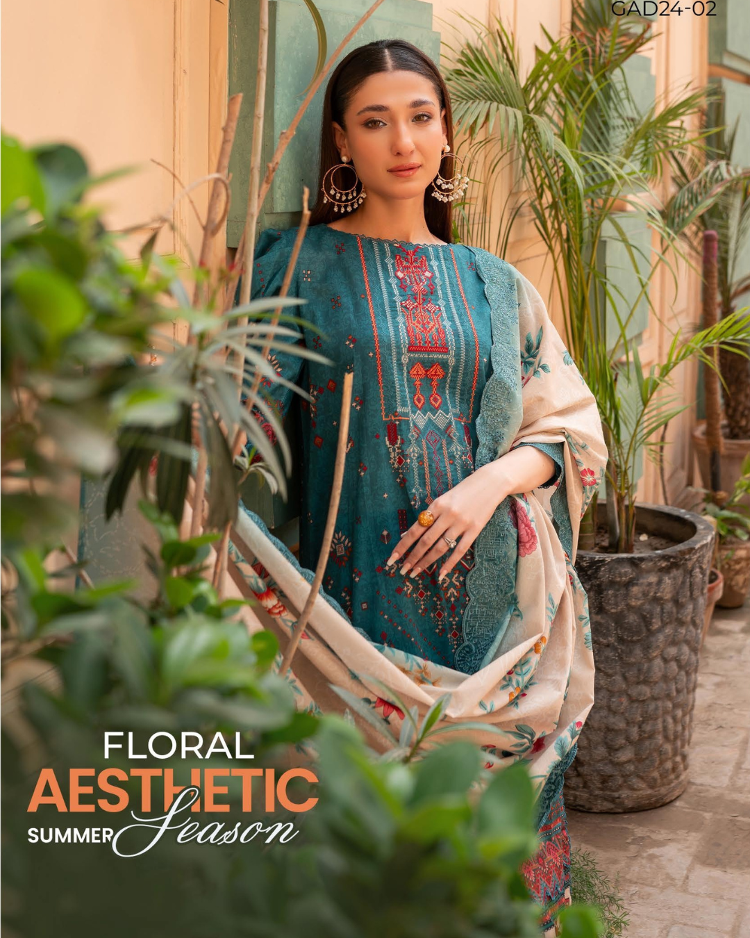 Woman in a floral dress standing among plants with 'Floral Aesthetic Summer Season' text.