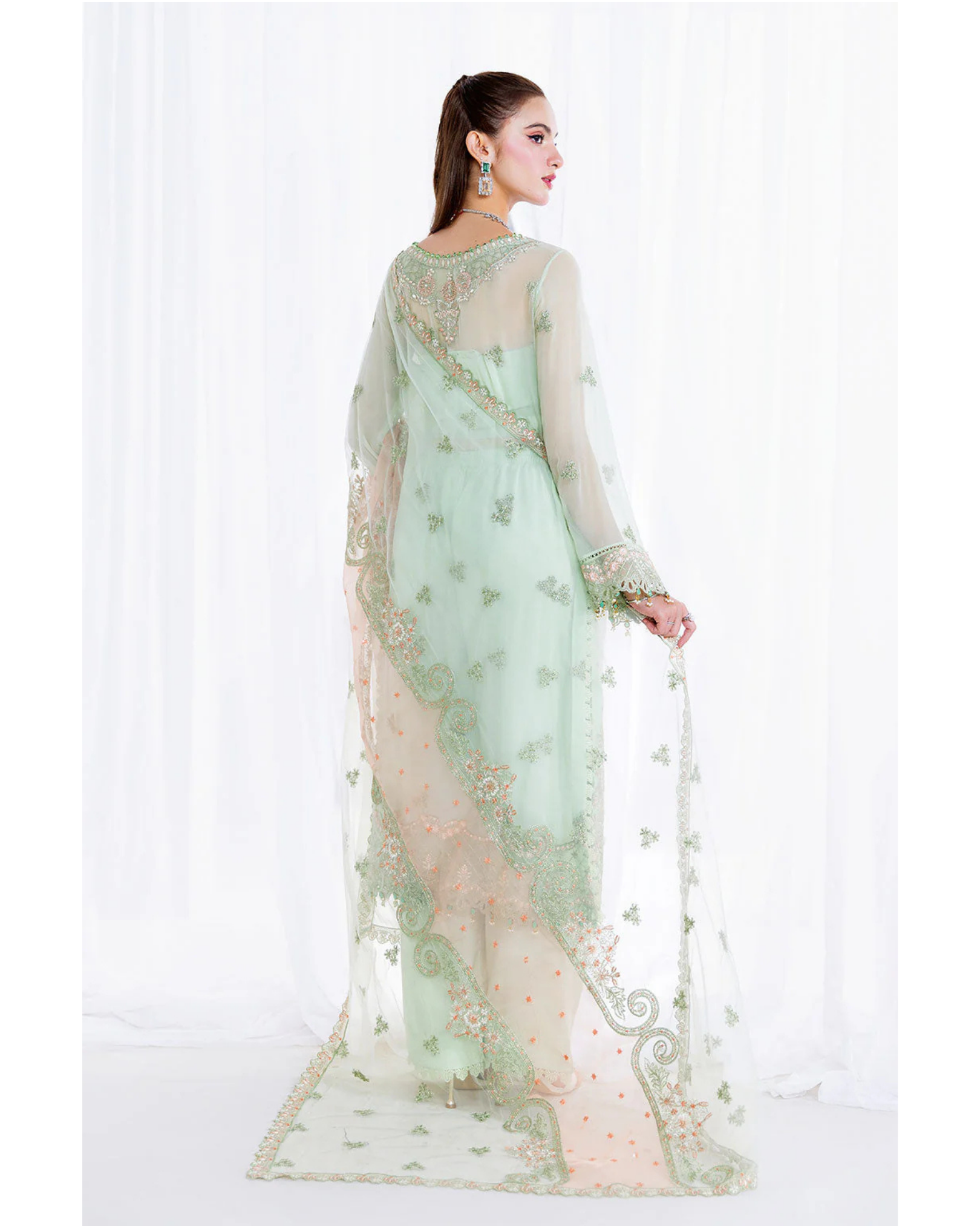 Woman wearing a light green embroidered saree with a white background