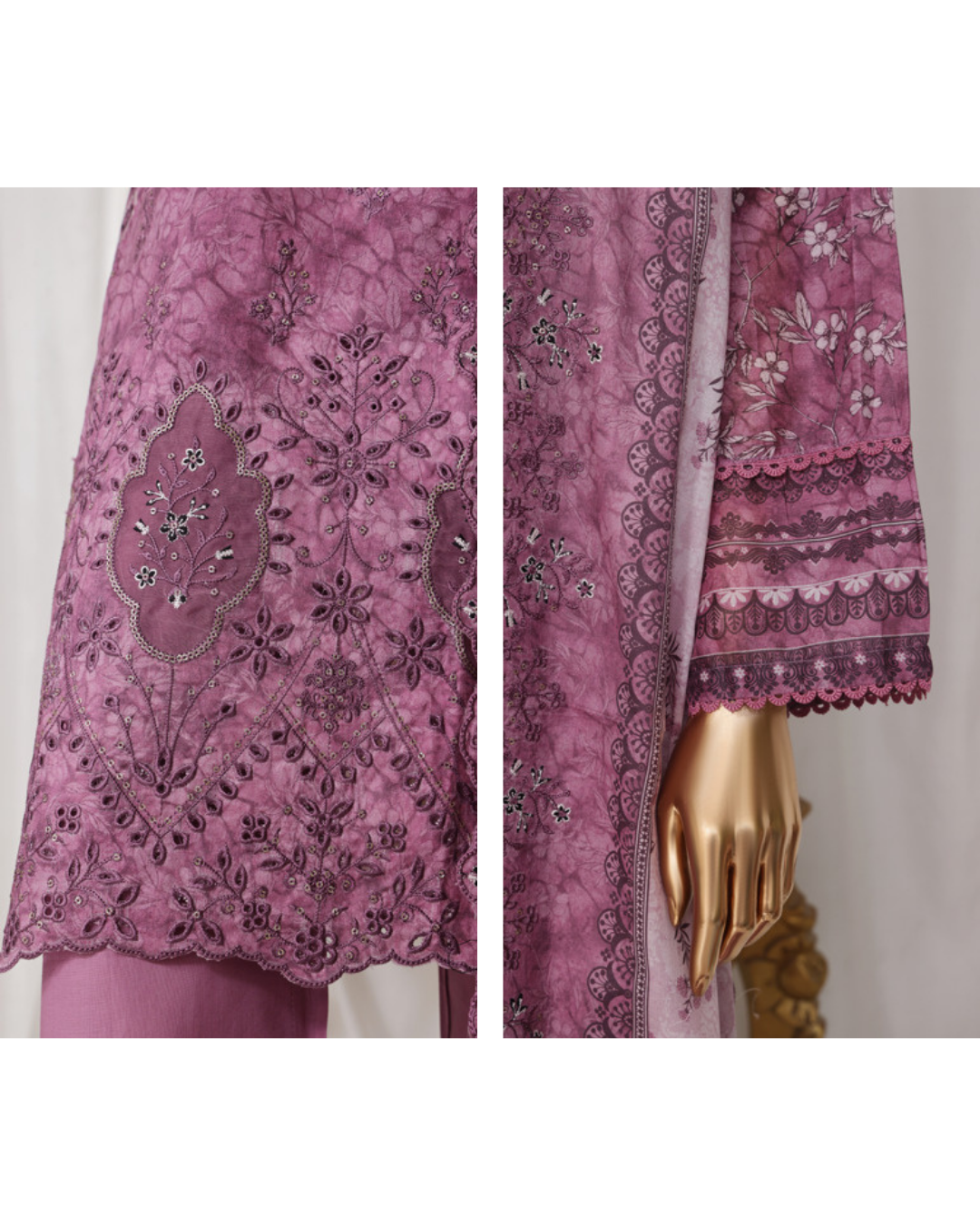 Pink embroidered fabric with gold hand holding it against a white background