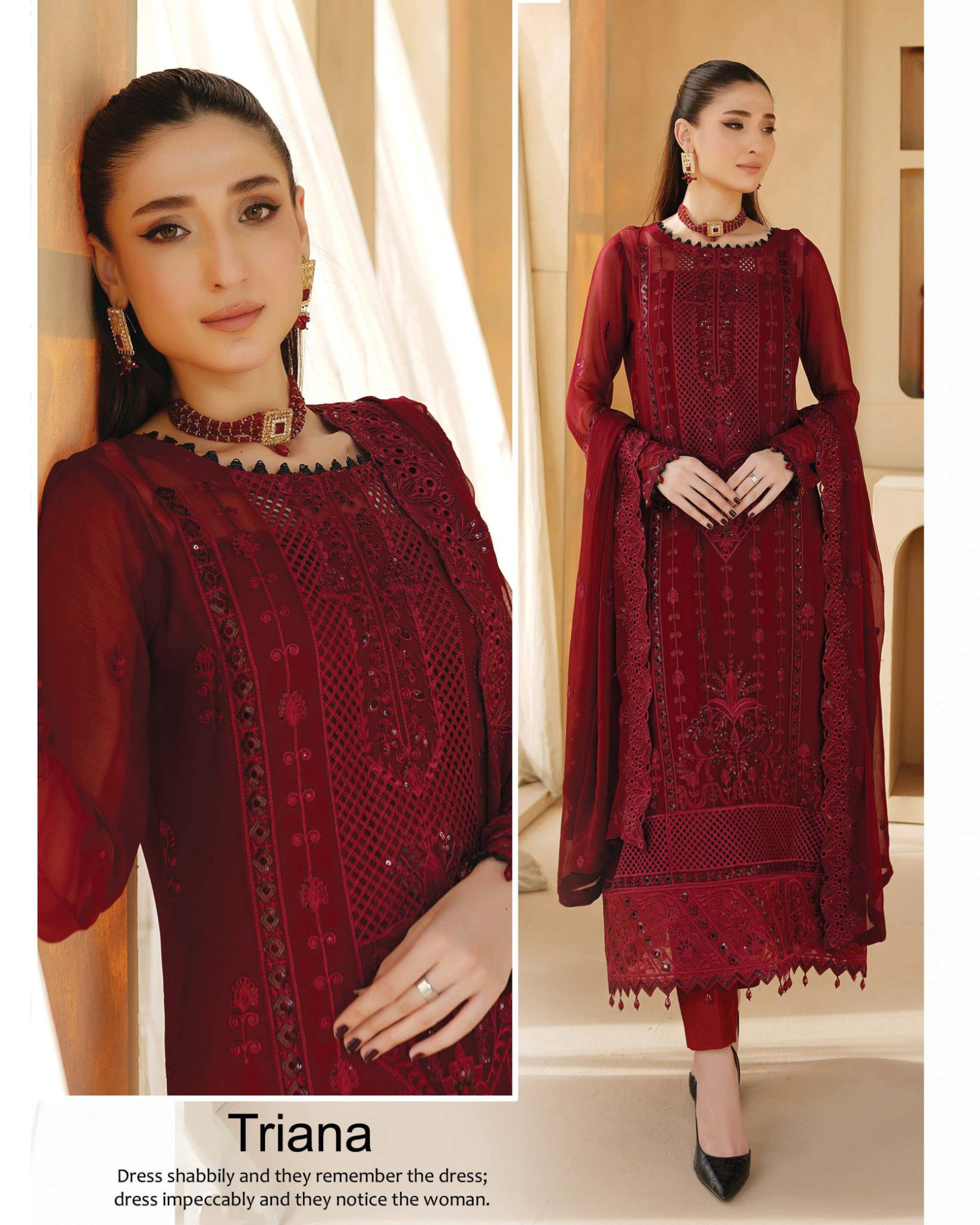 Woman wearing a red embroidered dress with a matching dupatta, posing indoors.