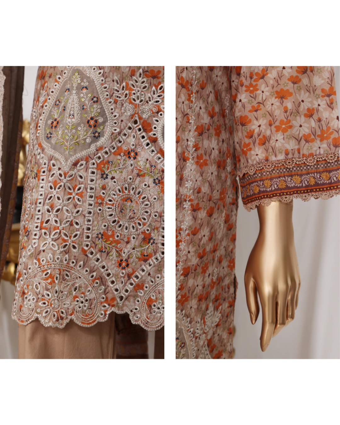 Elegant embroidered garment on a mannequin with detailed patterns.