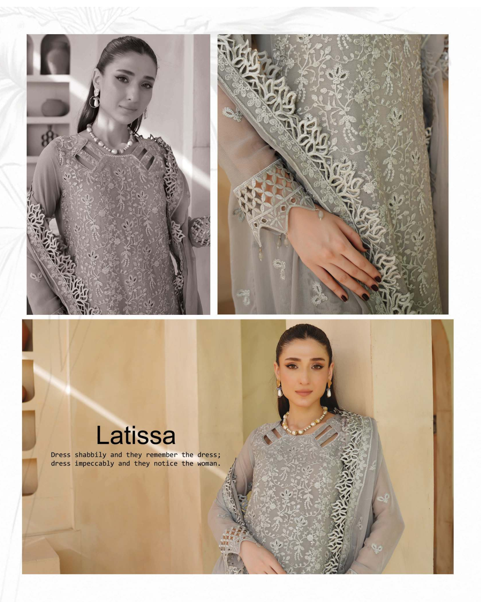 Gray embroidered dress with close-up details and a model wearing it.