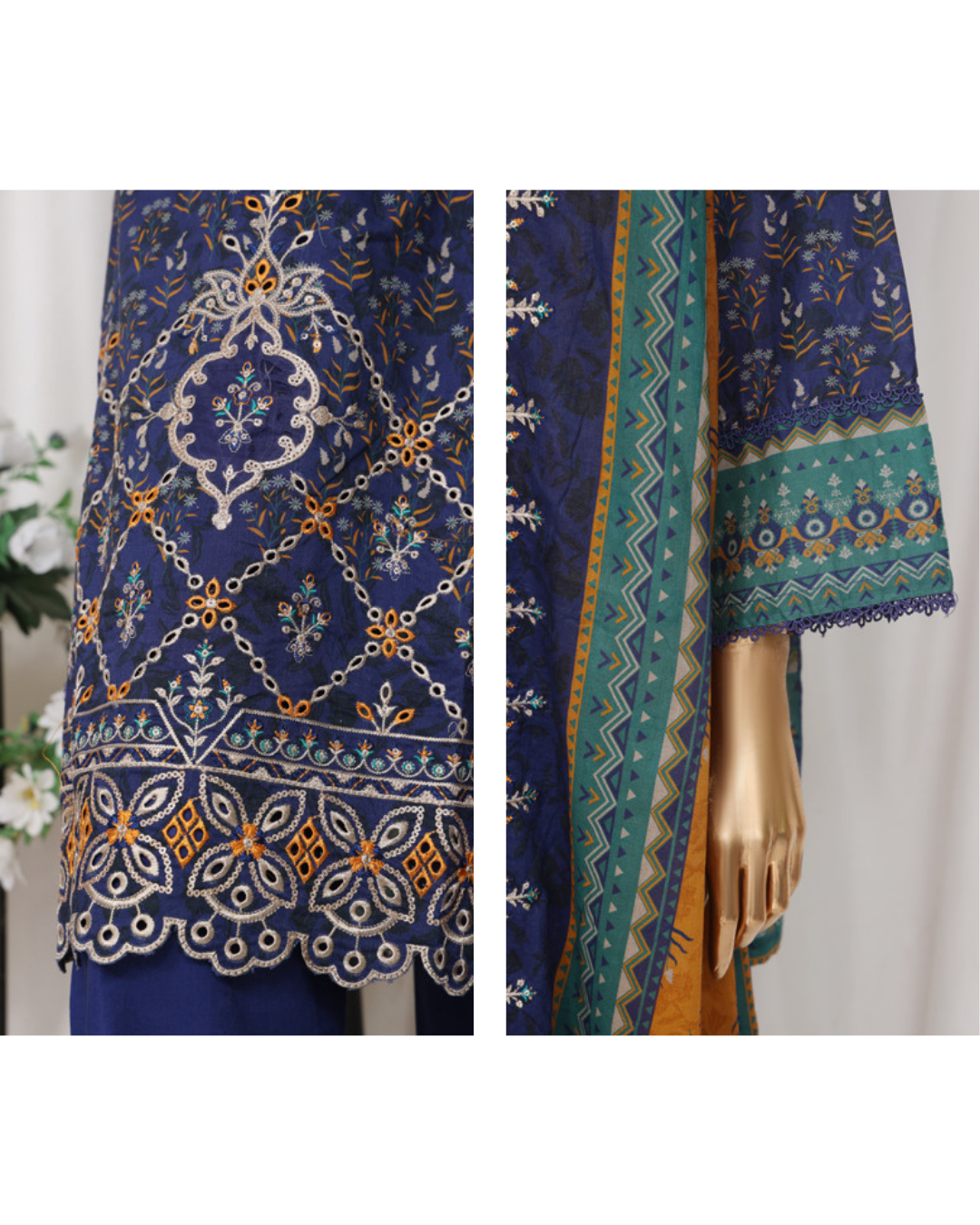 Blue fabric with intricate patterns on a white background