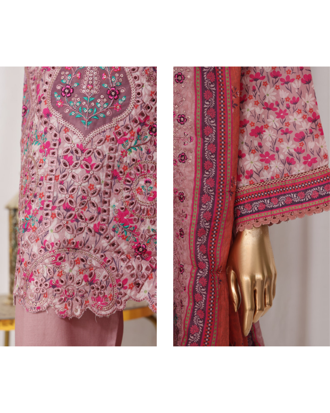 Embroidered fabric with pink and red patterns on a white background