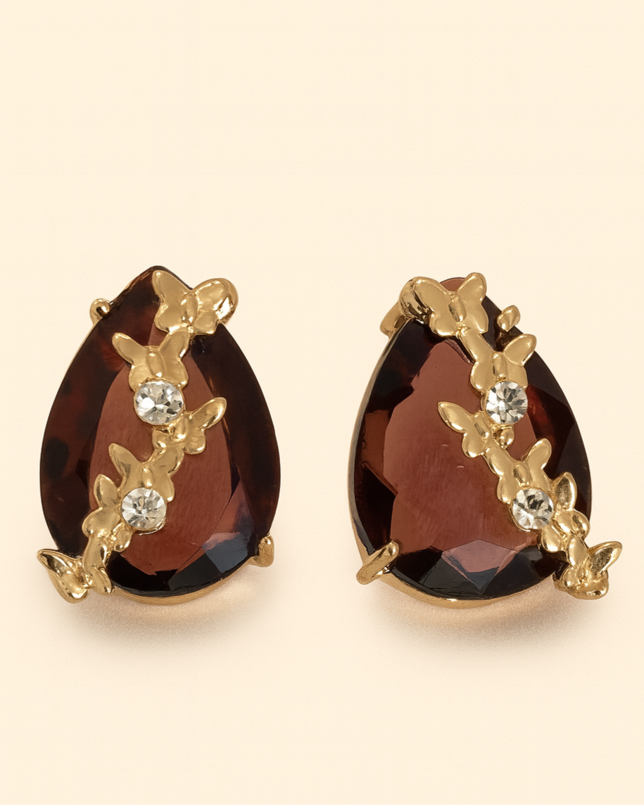 Brown Teardrop Stone Earrings with Gold Floral Detailing | Elegant Anti-Tarnish Jewellery