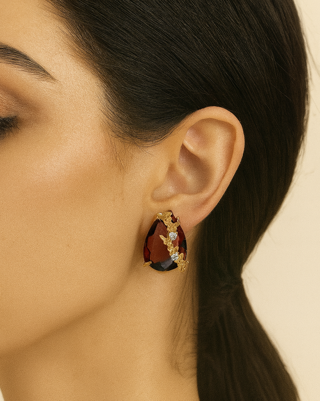 Brown Teardrop Stone Earrings with Gold Floral Detailing | Elegant Anti-Tarnish Jewellery