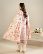 Woman wearing a floral dupatta and white outfit on a neutral background