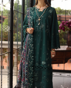 Woman wearing a dark green embroidered dress with a colorful scarf, standing indoors.