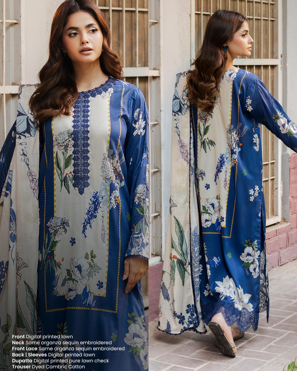 Woman wearing a blue and white floral embroidered outfit in front of a building.