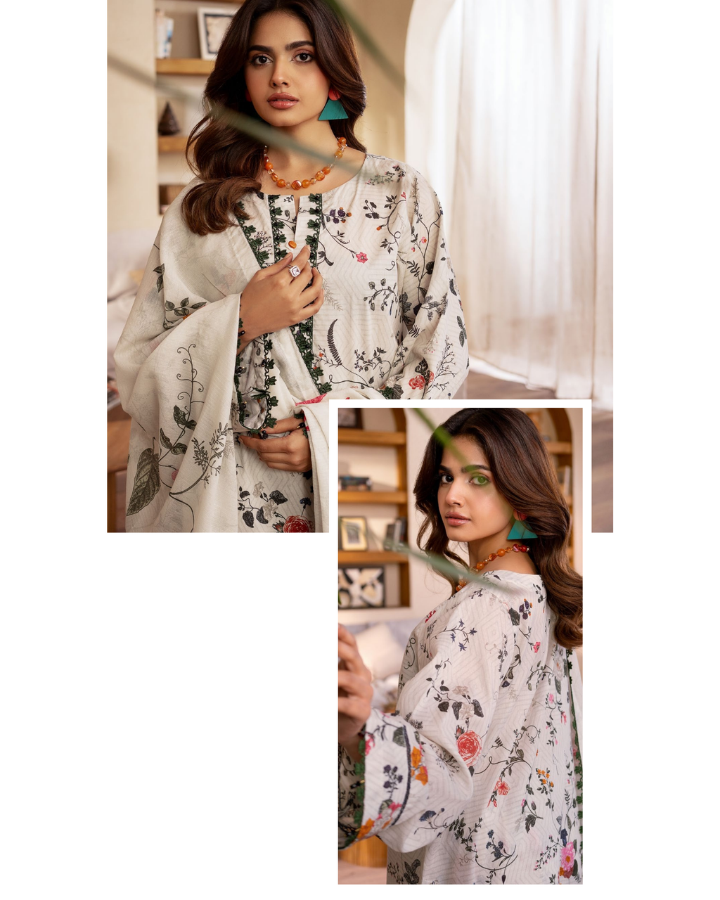 Woman wearing a floral outfit with a white background