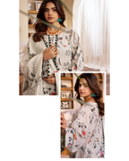Woman wearing a floral outfit with a white background