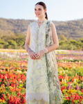Woman in a floral dress standing in a field of colorful flowers with mountains in the background