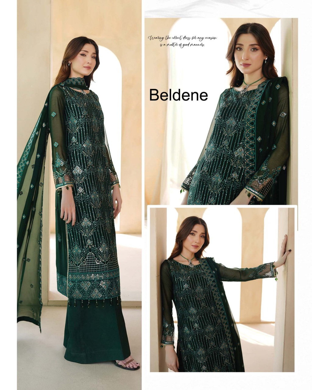 Woman wearing a green embroidered outfit with a Beldene label in the background.