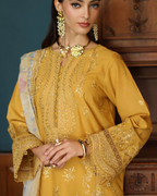 Woman wearing a mustard yellow embroidered outfit with jewelry against a wooden background