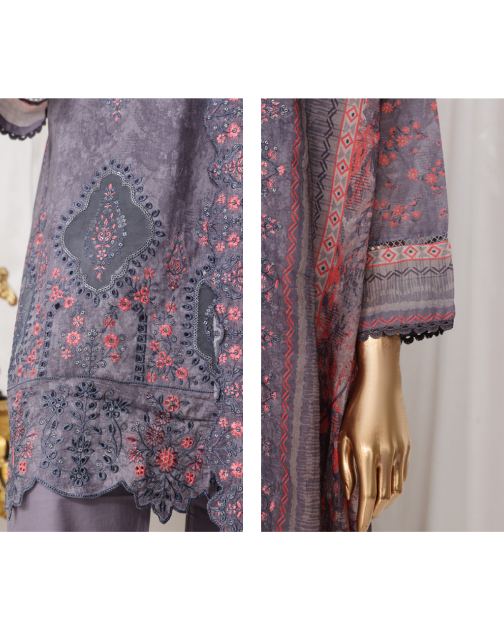 Embroidered garment with intricate patterns on a mannequin against a neutral background