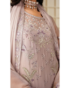 Embroidered traditional outfit with a matching dupatta on a neutral background