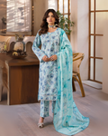 Woman in a light blue floral outfit with a matching dupatta in an indoor setting.