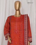 Red embroidered traditional outfit on a mannequin with 'RIWAYAT' branding.