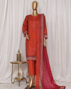 Red embroidered traditional outfit with a mannequin against a white curtain background
