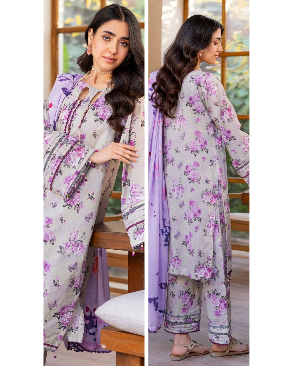 Woman wearing a floral outfit with a purple dupatta indoors.