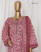 Mannequin wearing a pink floral dress with a matching dupatta on a white background, branded 'RIWAYAT'.