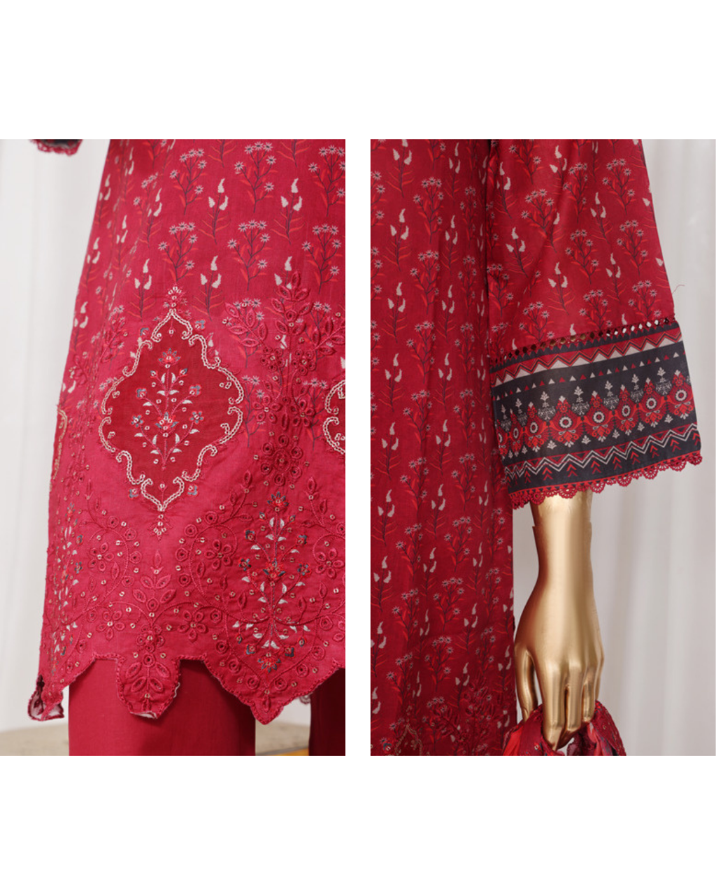 Red patterned garment on a mannequin with a white background