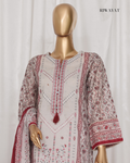 Mannequin wearing a white and red patterned dress with 'RIWAYAT' branding.