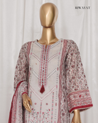 Mannequin wearing a white and red patterned dress with 'RIWAYAT' branding.