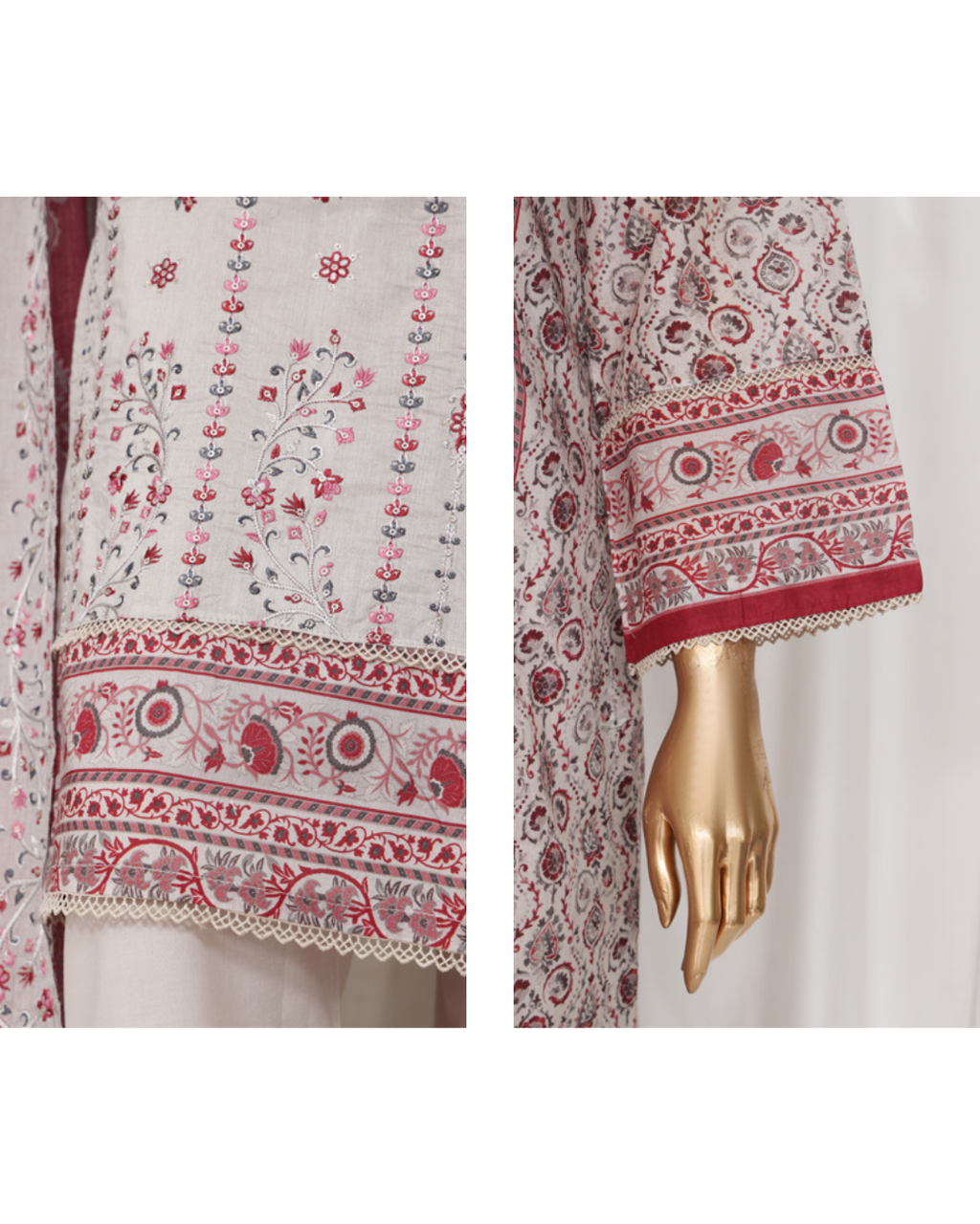 Embroidered fabric with red and white patterns on a mannequin arm.