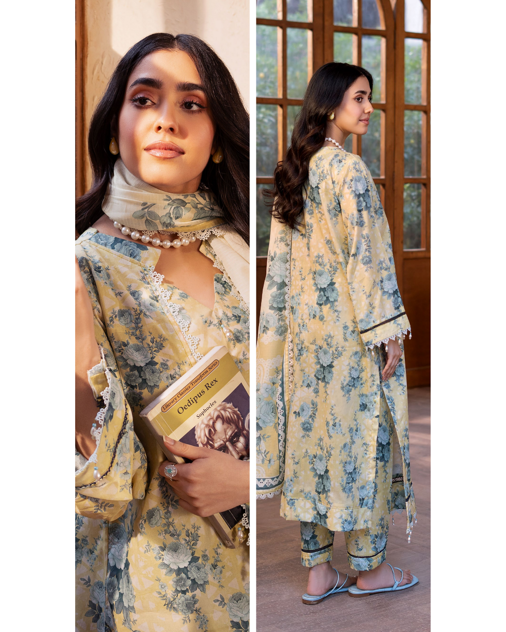 Woman wearing a floral dress holding a book, with a side view of the dress.