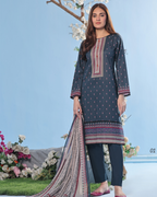 Woman wearing a dark blue embroidered kurta with pants and dupatta against a light blue background.