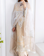 Woman wearing a beige embroidered outfit with a sheer dupatta against a white background