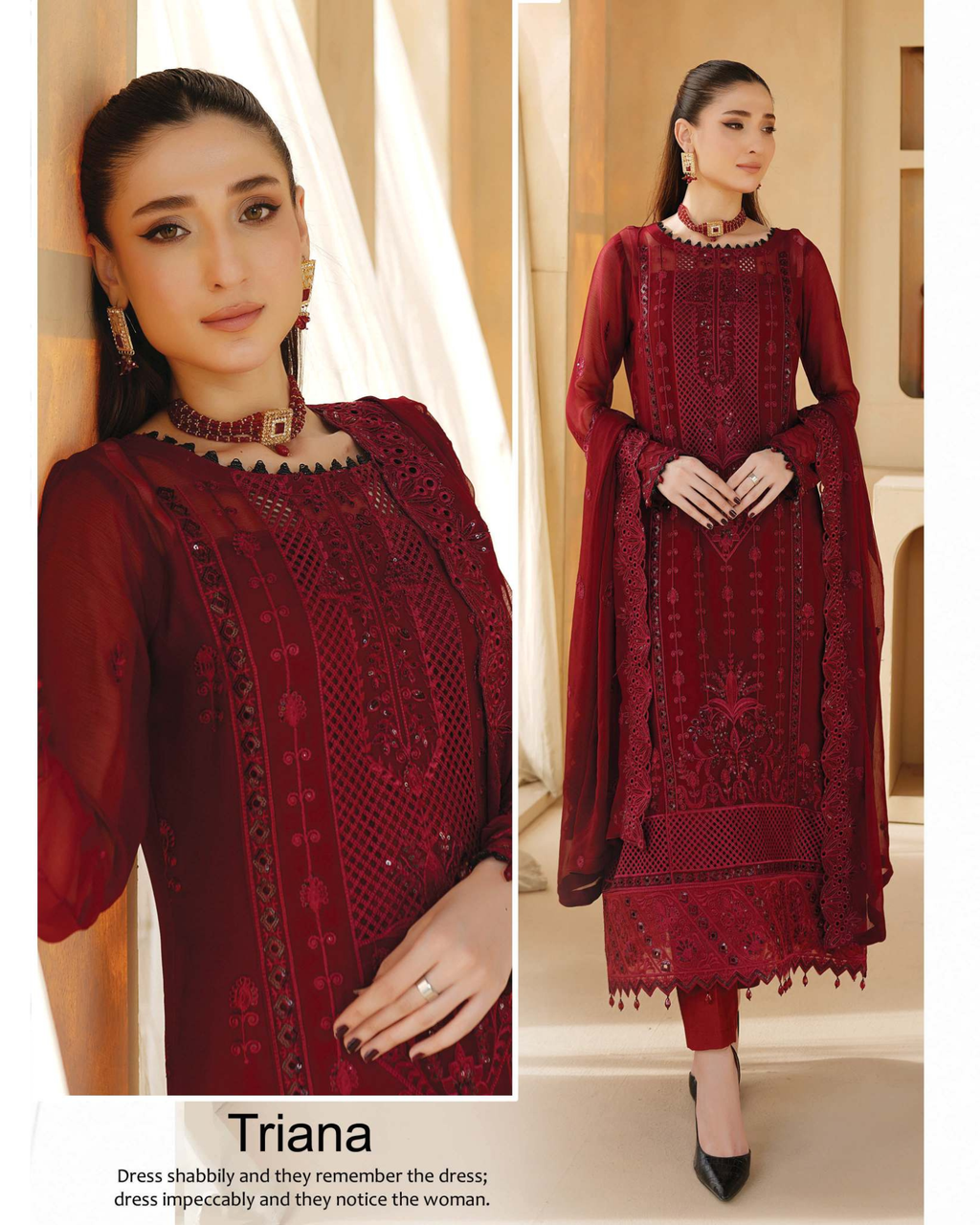 Woman wearing a red embroidered dress with a matching dupatta, posing indoors.