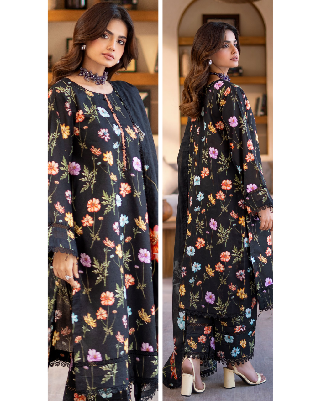 Woman wearing a black floral dress with a matching jacket indoors.