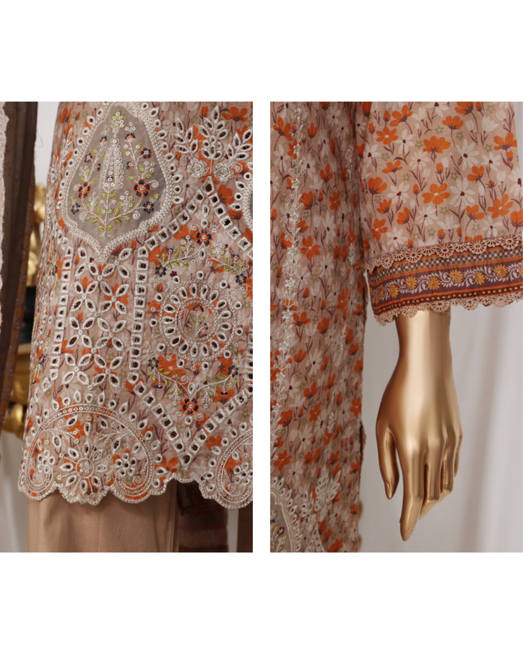 Elegant embroidered garment on a mannequin with detailed patterns.