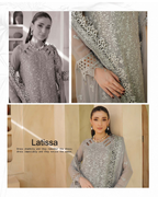 Gray embroidered dress with close-up details and a model wearing it.