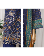Blue fabric with intricate patterns on a white background