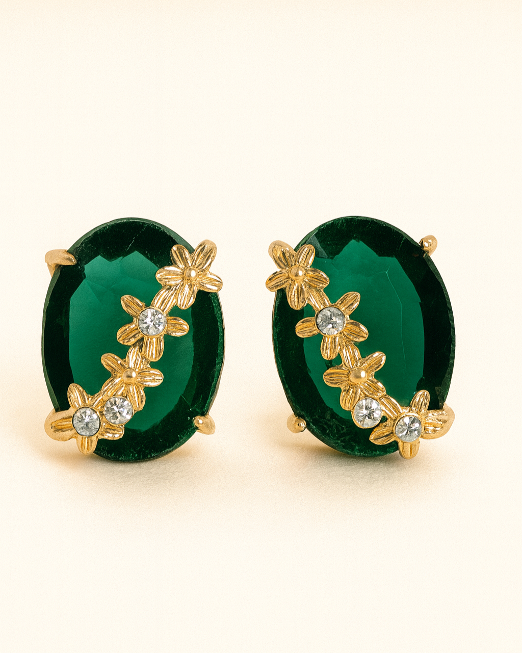 Green Oval Stone Earrings with Floral Gold Detailing | Anti-Tarnish