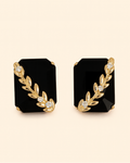 Black Stone Stud Earrings with Gold Floral Detailing | Elegant Anti-Tarnish Jewellery