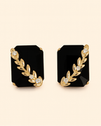Black Stone Stud Earrings with Gold Floral Detailing | Elegant Anti-Tarnish Jewellery