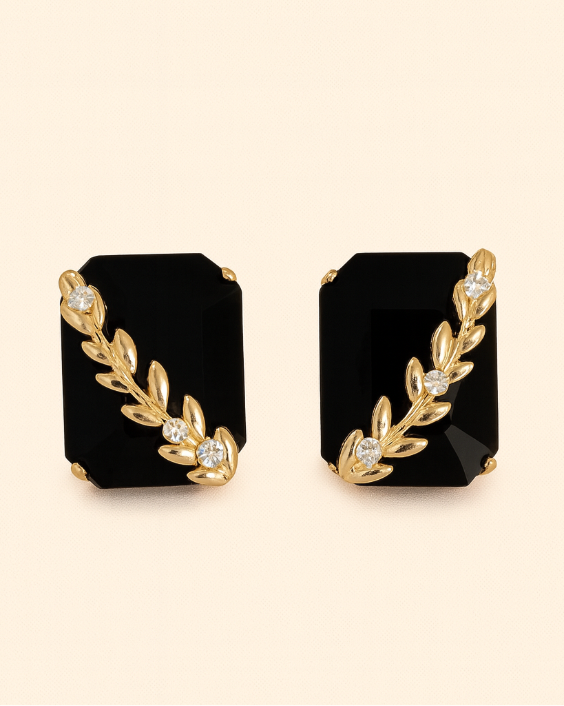Black Stone Stud Earrings with Gold Floral Detailing | Elegant Anti-Tarnish Jewellery