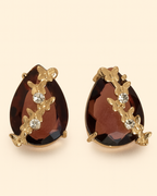 Brown Teardrop Stone Earrings with Gold Floral Detailing | Elegant Anti-Tarnish Jewellery