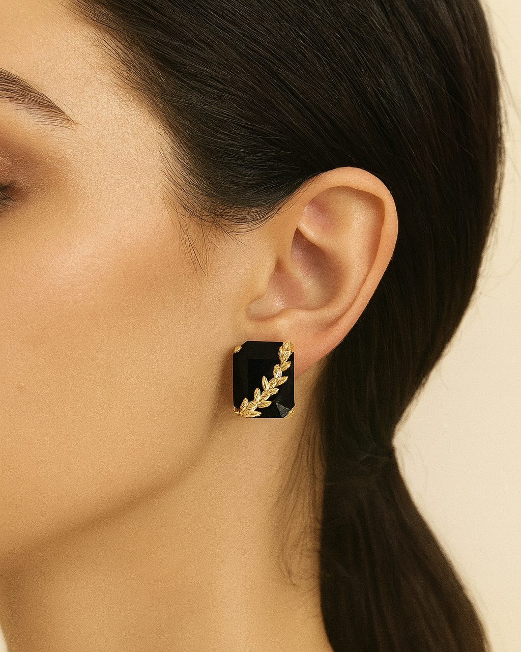 Black Stone Stud Earrings with Gold Floral Detailing | Elegant Anti-Tarnish Jewellery