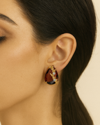 Brown Teardrop Stone Earrings with Gold Floral Detailing | Elegant Anti-Tarnish Jewellery